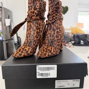 Saint Laurent Leopard-Print Pointed Ankle Booties in Brown and Black